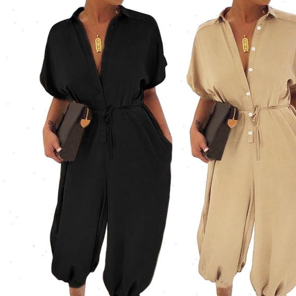 

women vintage jumpsuits celmia short sleeve rompers cargo pants button casual harem trouser plus size overalls combinaison femme, Black;white
