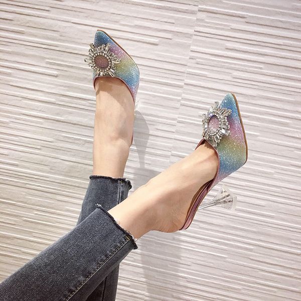 

2021 new women crystal pumps sandals multi color elegant bling rhinestone pointed toe perspex high heels shoes size 41 o5ht, Black