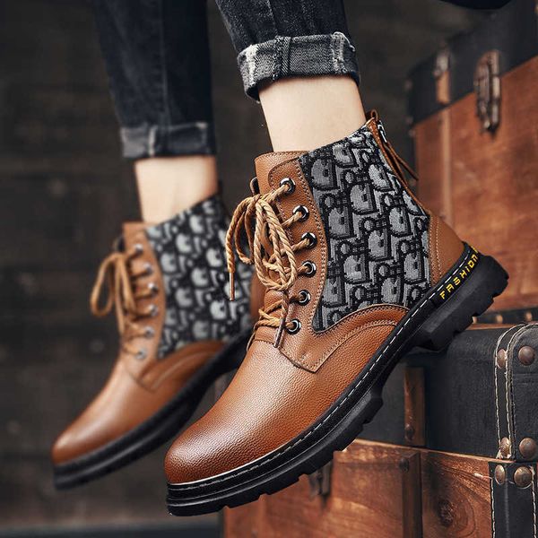 

high leather shoes autumn and winter high-end martin boots casual men's fashion versatile british printed short, Black