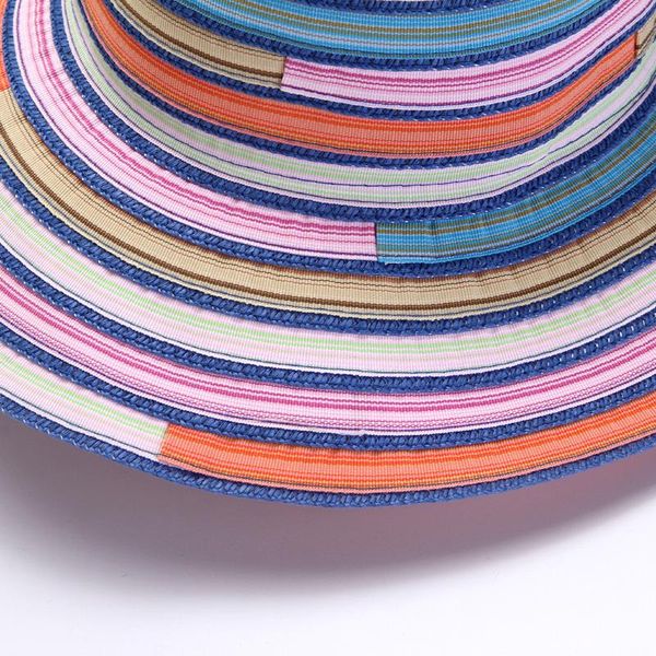 

wide brim hats summer women's casual straw hat sun floppy big eaves fashion canvas striped holiday beach ribbon, Blue;gray