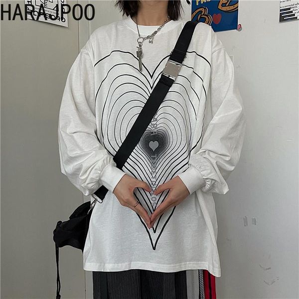 

women's t-shirt harajpoo couple t-shirts spring korean version ins trend hip-hop retro heart printing wild loose long-sleeved pullovers, White