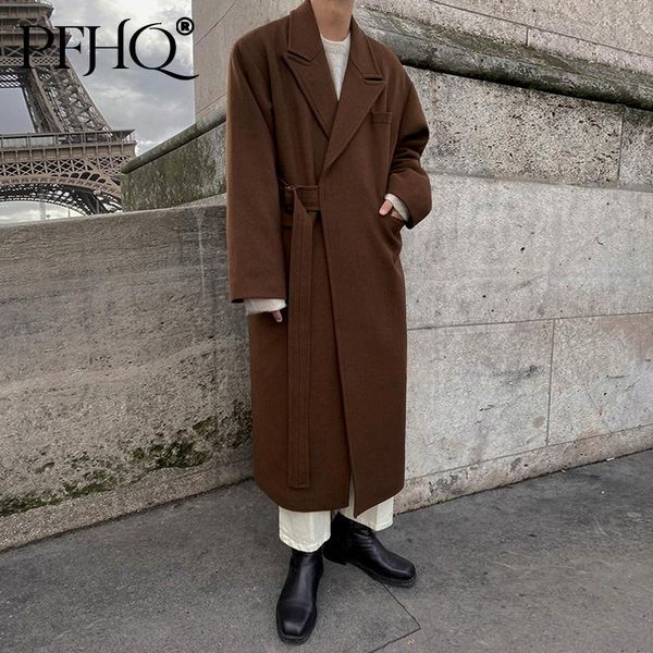

men's wool & blends pfhq men woolen mixtures coat autumn winter mid long thickened korean trend loose overcoat male 2021 bandage waist, Black