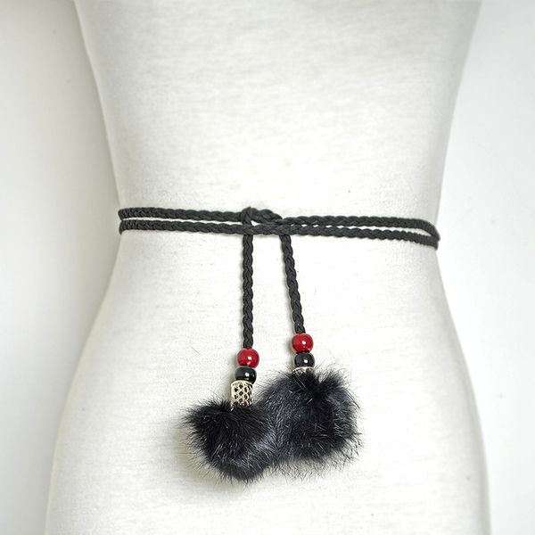 

korean new fashion versatile rabbit hair ball thin belt, Black;brown
