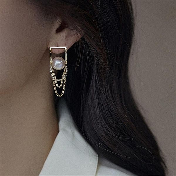 

minar trendy simulated pearl long tassel earrings for women gold color metal geometric rhinestones dangle earrings oorbellen, Silver
