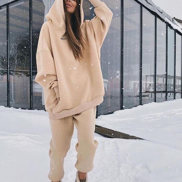 

women's two piece pants fleece tracksuit hoodies sets long sleeve hooded joggers suit female casual sportswear set, White