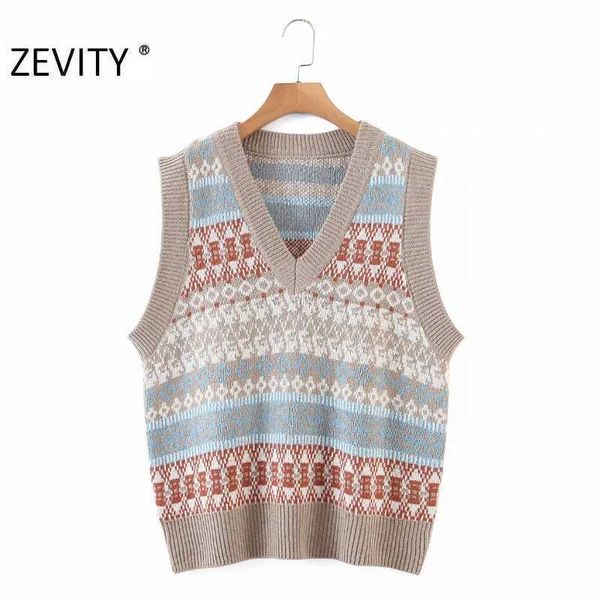 

zevity women preppy style v neck patchwork plaid print knitting sweater lady retro waistcoat pullover chic vest jumper s467 210603, White;black
