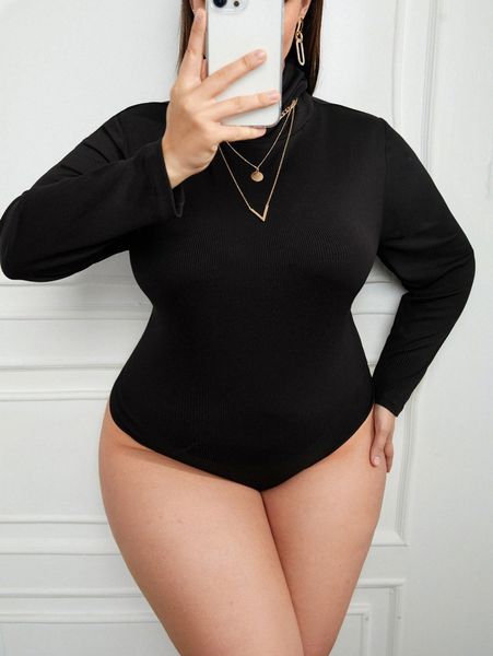 

plus turtle neck slim fit tee bodysuit j46w#, Black