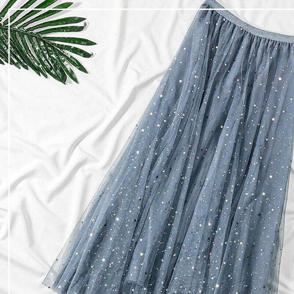 

au new women 2021 summer a line midi skirts female high waist pleated skirt swing star moon tulle pleated skirts, Black