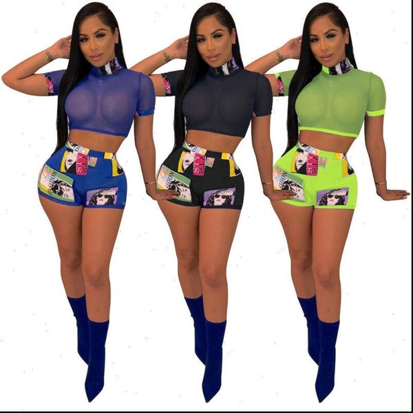 

2021 fashion women 2 piece outfits set mesh sheer transparent romper crew neck jumpsuit clubwear, Gray