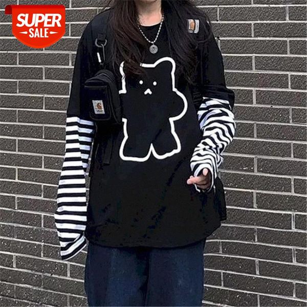 

fake two piece bear print t shirt long sleeve streetwear women clothing graphic 2020 korean style spring new o-neck tshirt #xb16, White