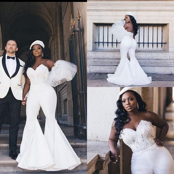 Designer Jumpsuit Kleider 2021 mit abnehmbaren Ärmeln Spitze Applikat Schatz Ausschnitt Afrikanische Plus -Größe Hochzeitskleid Vestido 403 403