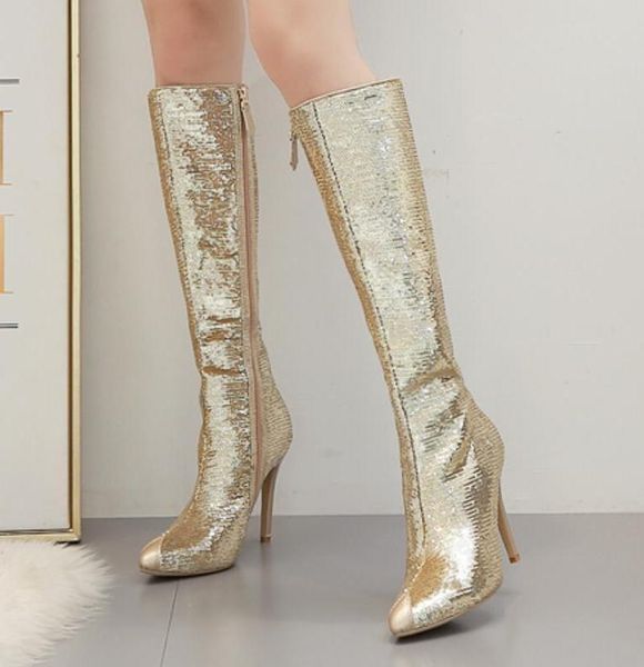 

boots pointed thin high heel 2021 women's shoes sequins, Black