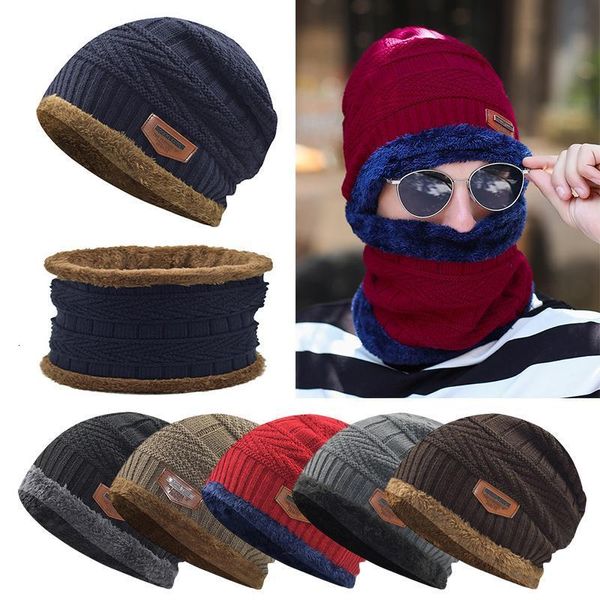 

winter beanie hats scarf set warm knit thick thermal fleece lined cap winter hat and scarf for men women warmer thick cap, Blue;gray