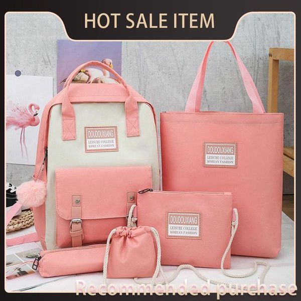

female 5pcs/set new book bag backpack canvas fashion tassel school rnjqt travel schoolbag 2021 women girl teenage teenagers pack mwdbf, Red;black