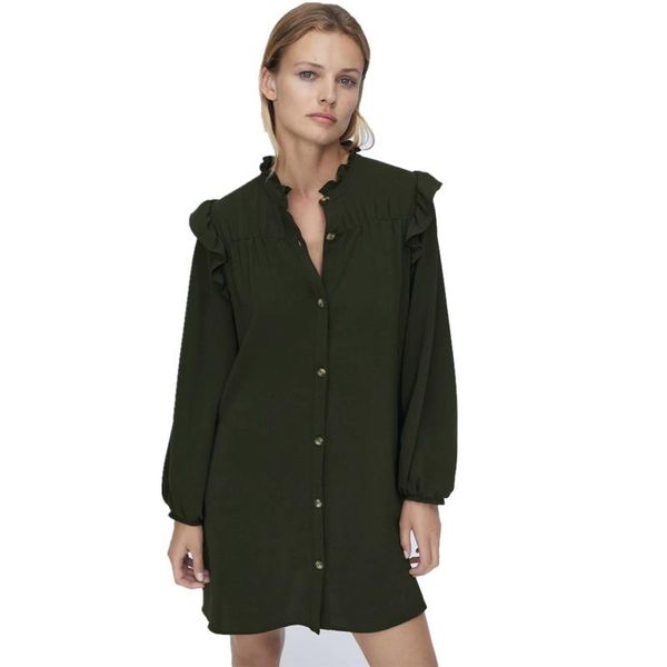 

casual dresses 2021 ruffle shoulder vintage mini dress women o-neck long sleeve autumn female front button pleated green short, Black;gray