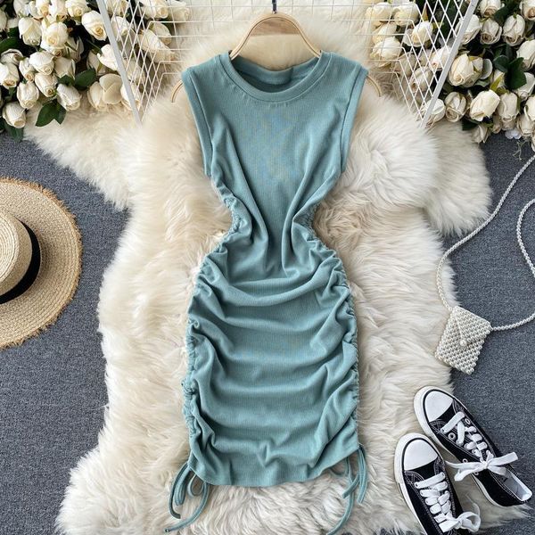 

korean spring summer mini dress o neck sleeveless waist womens thin fold sheath draped bag hip dresses women tide casual, Black;gray