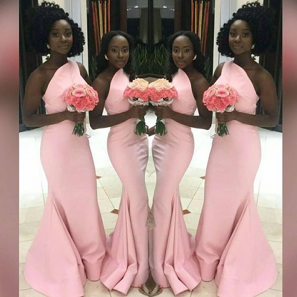 

2021 new pink mermaid bridesmaid dresses one shoulder draped sweep train country garden wedding guest gowns formal prom party dress plus siz, White;pink