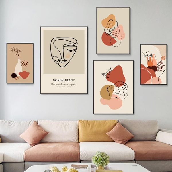 

abstract line drawing face wall art canvas painting plant leaf vase posters and prints boho wall pictures for living room decor