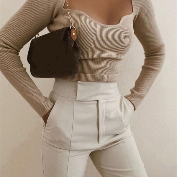 

stylish chic beige knitted cropped blouses women fashion square collar shirts girls streetwear casual 210225, White