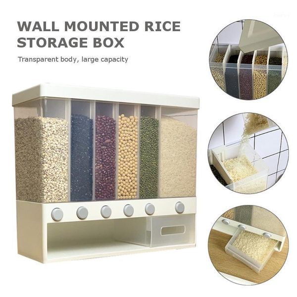 

storage bottles & jars 10kg wall mounted divided rice and cereal dispenser automatic plastic box 6 moisture proof rack kitchen
