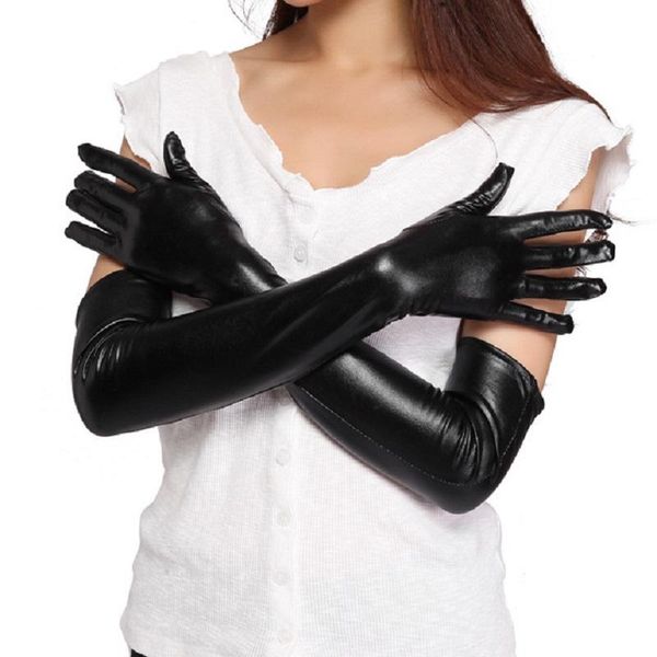 

five fingers gloves long leather 2021 winter lady fashion pu women mittens female stylearm sleeve, Blue;gray