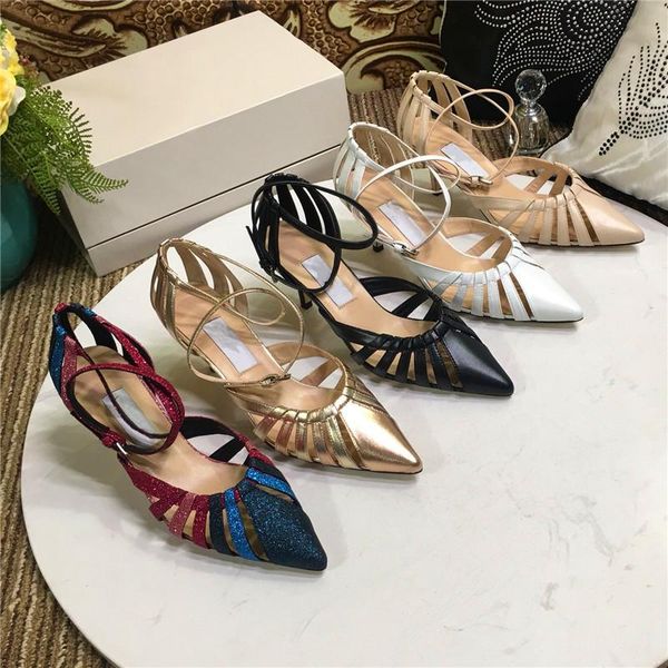 

sandals hollow straps buckle leather mixed colours pointed toe splicing slim high heel women's shoes, Black