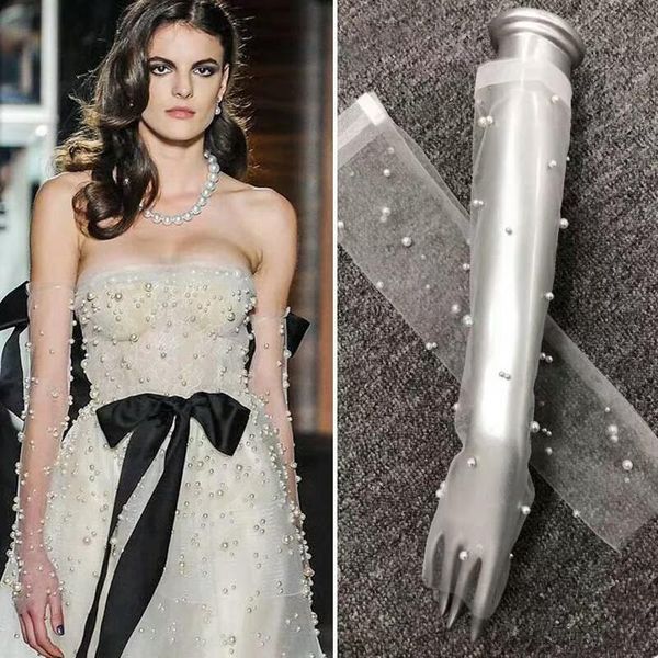 

bridal gloves 2021 luxury opera long tulle women fingerless pearls beaded wedding party gifts real sample white