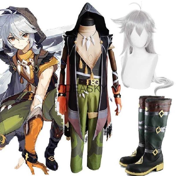 Genshin Impact Razor Leizei Spiel Anzug Uniform Legend of Running Wolf Kragen Cosplay Kostüm Halloween Outfit Männer Perücke Schuhe Stiefel Y0903