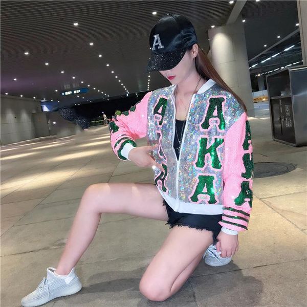 

autumn women sequin coat silver bomber jacket long sleeve zipper streetwear tunic loose casual basic lady outwear, Black;brown