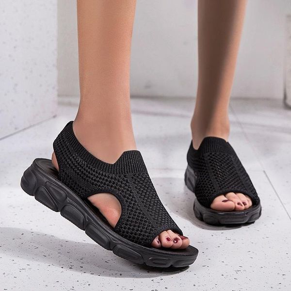 

sandals 2021 ladies roman fashion breathable mesh bottom flat heel summer casual zapatillas mujer, Black