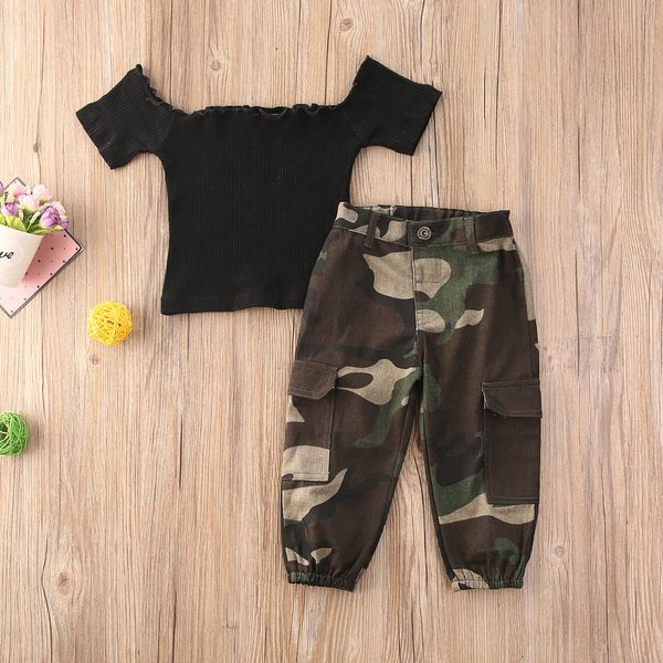 

focusnorm 5 style 1-6y fashion infant baby girls clothes sets off shoulder t shirts +camouflage pants 2pcs, Black;green