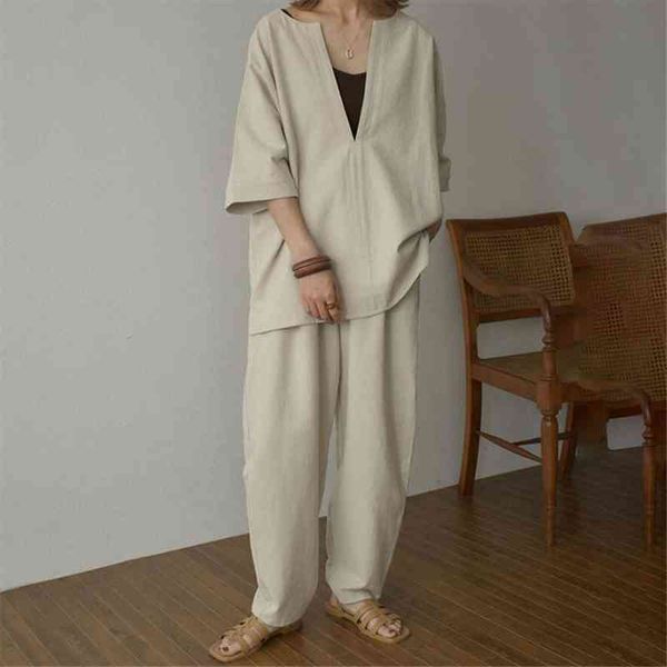 

two piece sets oversize womens pants blouse v neck loose shirt half sleeve and long plain fashion korean chic female, White