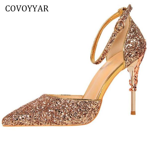 

dress shoes covoyyar 2021 glitter women high heels fashion bling carved heel stiletto pumps silver/golden wedding whh614, Black