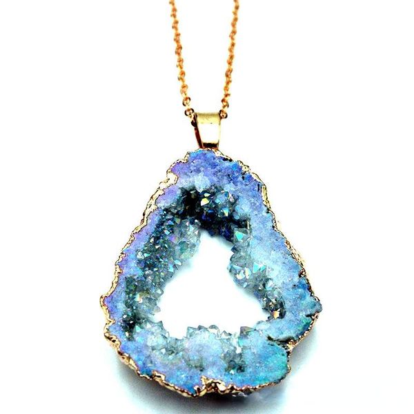 

pendant necklaces color rough stone crystal agate necklace natural mineral plating edge gilt neck chain diy jewelry men and women, Silver