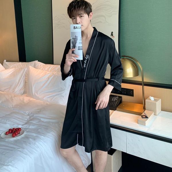 

men's sleepwear mens robe satin bathrobe nightgown sleep kimono soft home dressing gown casual wear nightwear summer lingerie, Black;brown