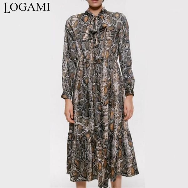 

casual dresses logami bow collar snake print dress long sleeve loose shirt stretch waist pleated spring autumn, Black;gray