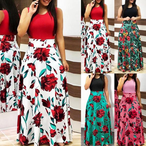 

casual dresses summer dress women fashion o neck sleeveless floral printed beach ladies oversize swing maxi tank party, Black;gray