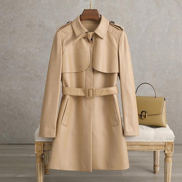 

women's leather & faux shzq coat windbreaker medium length 2021 versatile sheep skin waist closing spring and aut, Black