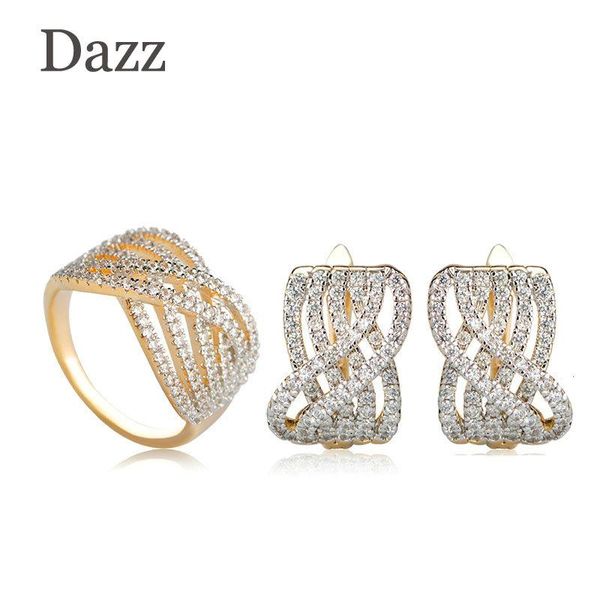 

earrings & necklace dazz 2021 wedding jewelry sets water ripple shape stud ring set zircon copper women dancing dress birthday accessories, Silver