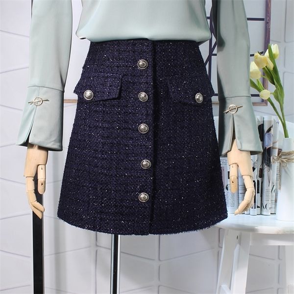 

flectit fall winter plaid wool skirt womens royal button pocket front plus size glitter tweed mini skirt saia feminina 210311, Black