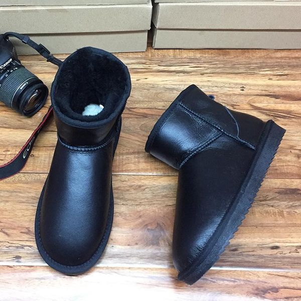 

boots australia 2021 classic waterproof genuine leather winter ankle snow for women natural wool fur lined warm rubber shoes, Black