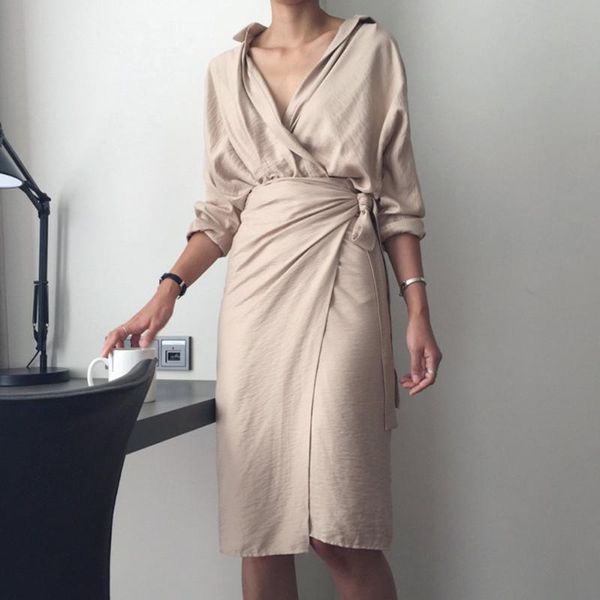 

casual dresses vestidos mujer 2021 women beige solid v-neck irregular linen long sleeve bandage kimono maxi shirt dress brief style, Black;gray