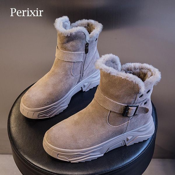 

boots perixir women snow cow suede plush winter comfortable ankle zipper black round head thick bottom shoes cd040