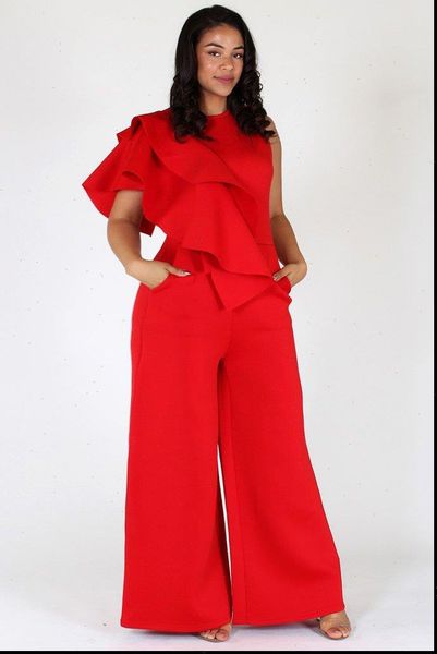 

women pluz size jumpsuit rompers solid color elegant back zipper wide leg with pockets one shoulder ruffle sleeveless oversized, Black;white