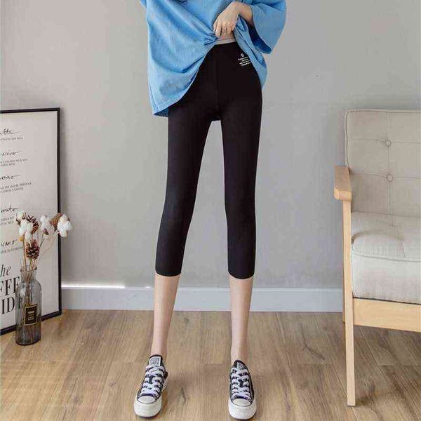 

women's legging's summer thin soft cotton large elastic print tight 7-point leggings shorts, Black