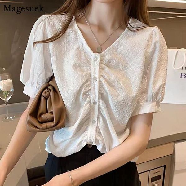 

women's blouses & shirts vintage puff sleeve summer shirt women loose white chiffon blouse female v-neck office lady casual 12969