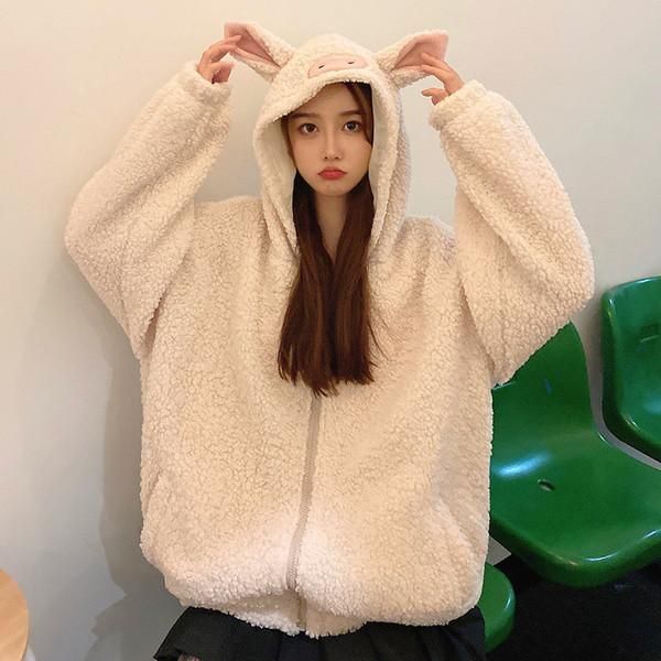 

women's hoodies & sweatshirts kawaii pig ears japan style women sweet solid colors zipper 2021 spring autumn fashion cottagecore coats, Black