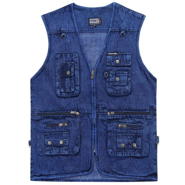 

men's vests men denim vest middle-aged elderly fishing pography jacket multi-pocket fat plus size work clothes cotton soft waistcoat, Black;white