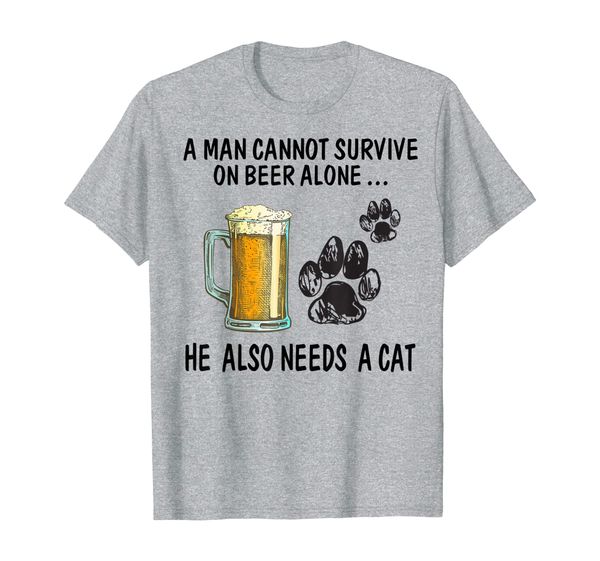 

mens a man cannot survive on beer alone he needs a cat t shirt, White;black