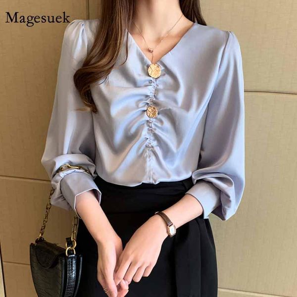 

women's blouses & shirts 2021 autumn women korean all-match v neck office lady style long sleeve solid plus size woman's 10491, White